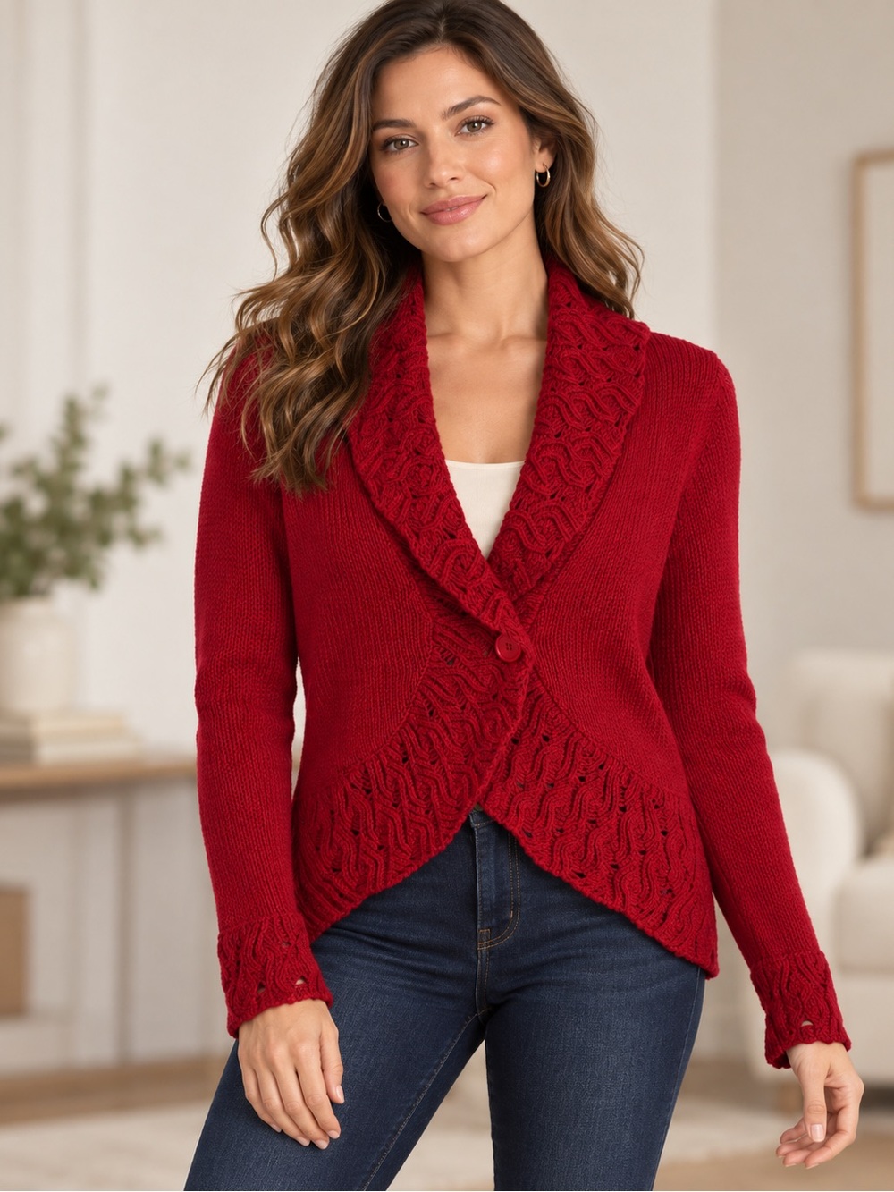 Argyle Cardigan Size S Red Openwork Detailing Knit Shawl Collar NWT